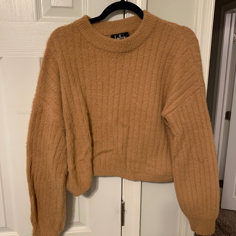 It's My Time Camel Eyelash Knit Ribbed Balloon Sleeve Sweater